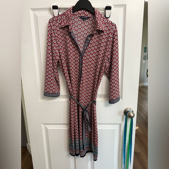 Max Edition Multicolor Geo Print Button 3/4 Sleeve Belted Shirt Dress M Red Blue - Picture 1 of 8